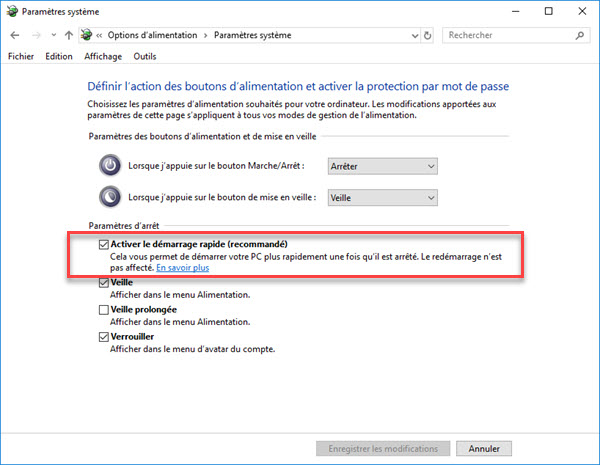Alimentation Windows 10